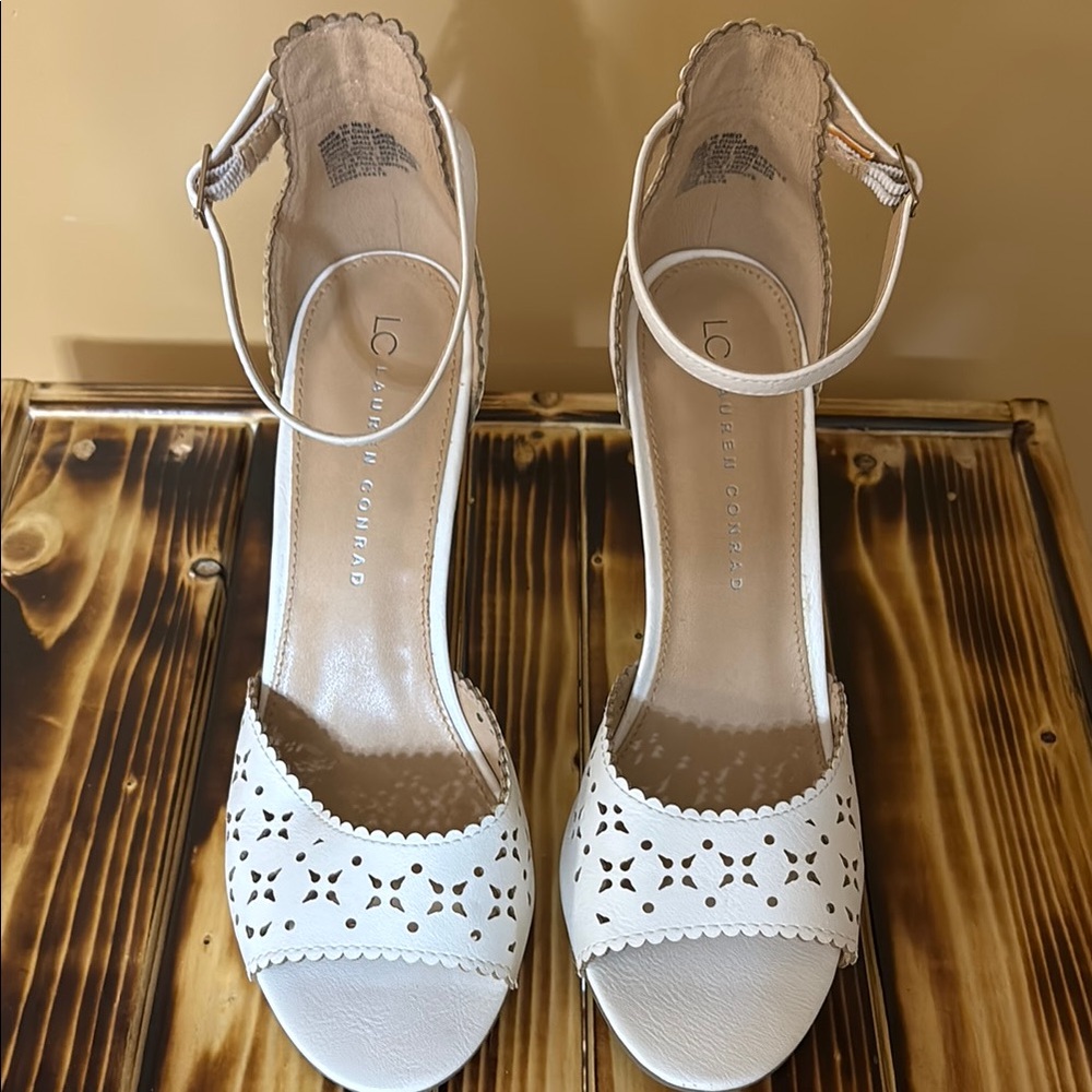 LC Lauren Conrad White Heels with Ankle Strap and Perforated Design